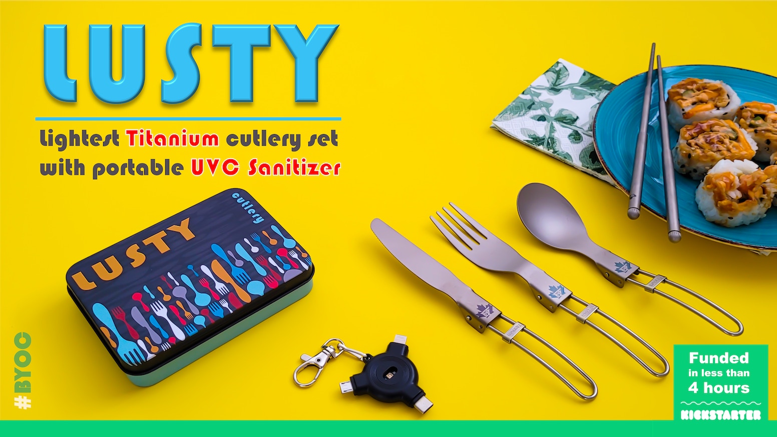 Lusty, light & compact Ti cutlery with UVC sanitizer